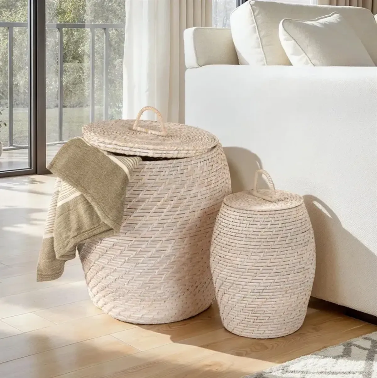 Hilda Coastal Beach Whitewash Rattan Hamper - Set of 2