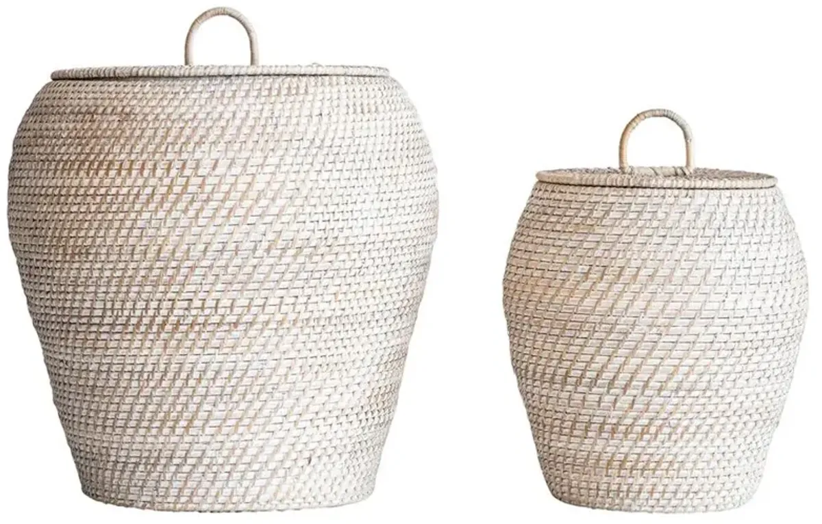 Hilda Coastal Beach Whitewash Rattan Hamper - Set of 2
