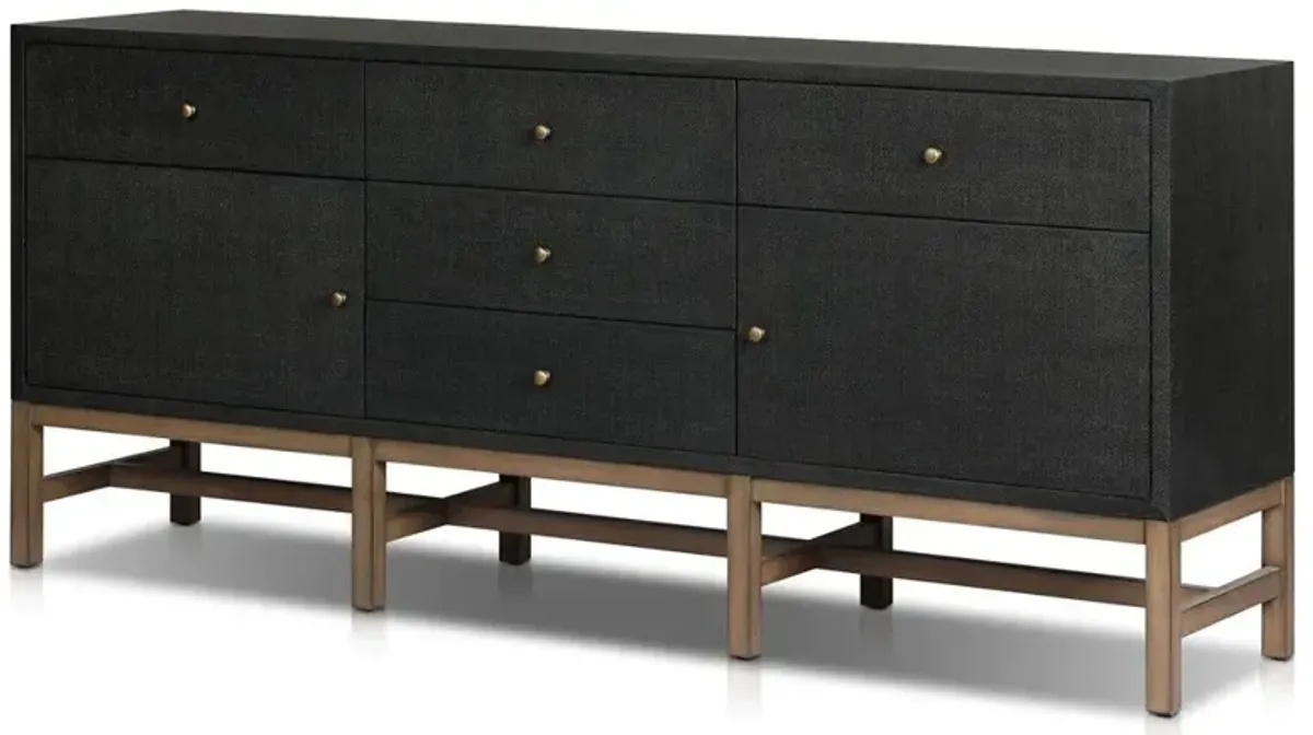 Philip Modern Classic Black Raffia Mahogany Wood Media Cabinet - 78"