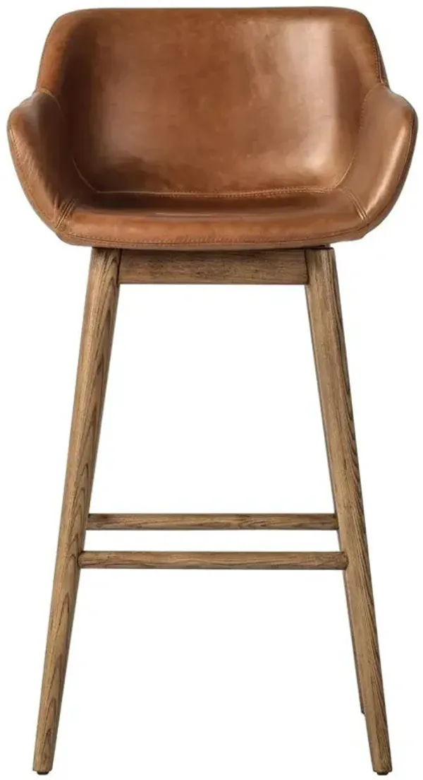 Warren Modern Classic Brown Leather Wood Swivel Bar Stool