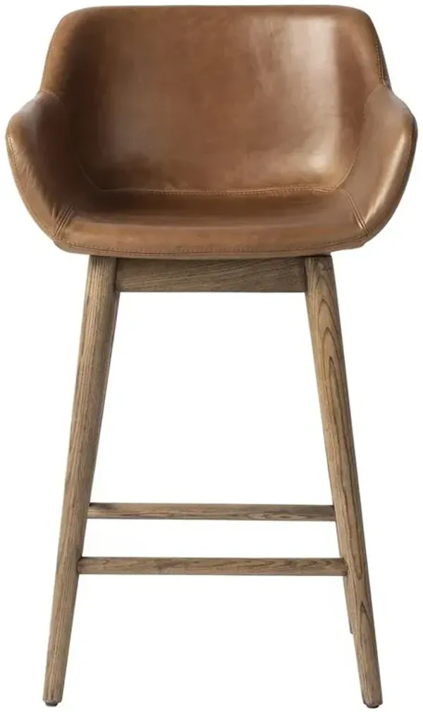 Warren Modern Classic Brown Leather Wood Swivel Counter Stool