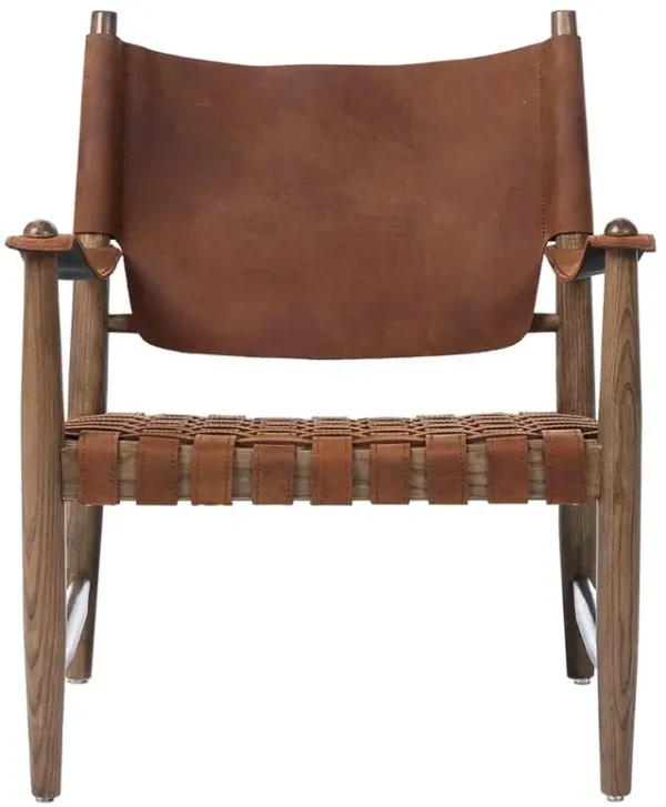 Cleo Rustic Lodge Tan Leather Brown Wood Sling Back Occasional Arm Chair