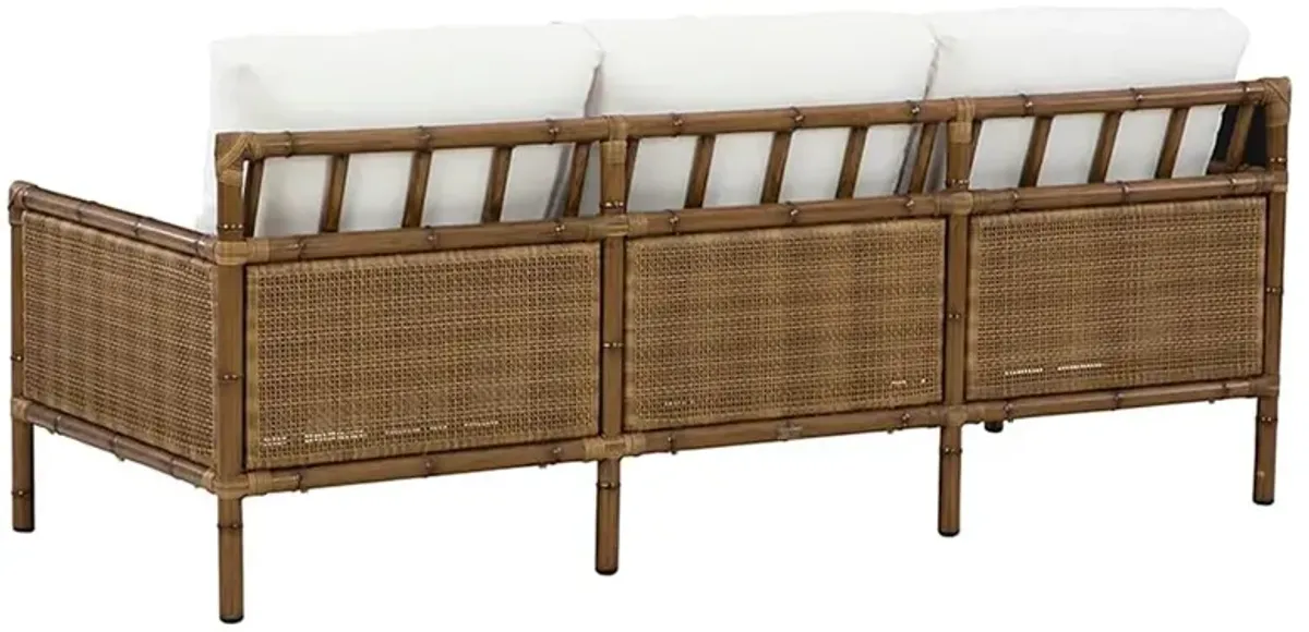 Amber Coastal Beach White Sunbrella Brown Woven Wicker Outdoor Sofa - 81"