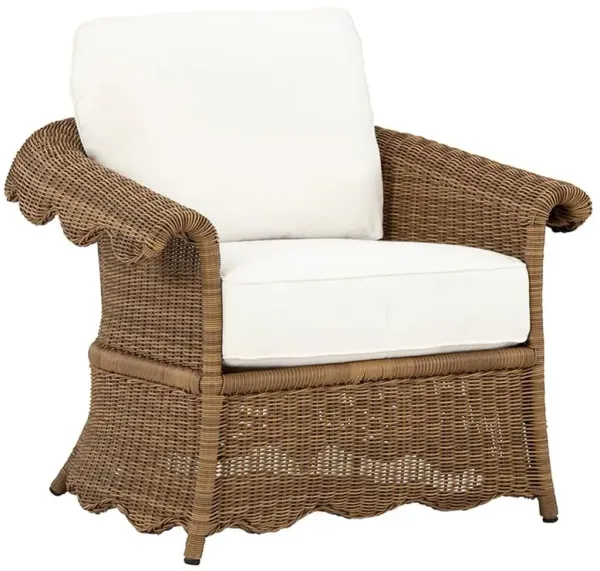 Cielo Coastal White Sunbrella Brown Woven Wicker Scalloped Outdoor Lounge Chair