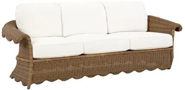 Cielo Coastal White Sunbrella Brown Woven Wicker Scalloped Outdoor Sofa - 88"