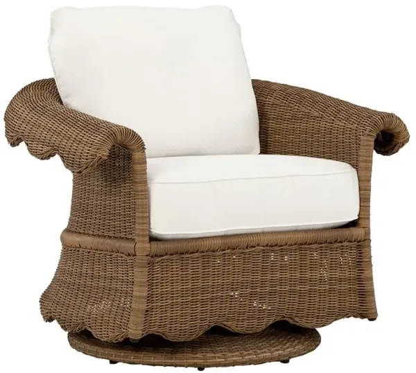 Cielo Coastal White Sunbrella Brown Wicker Scalloped Outdoor Swivel Glider Chair