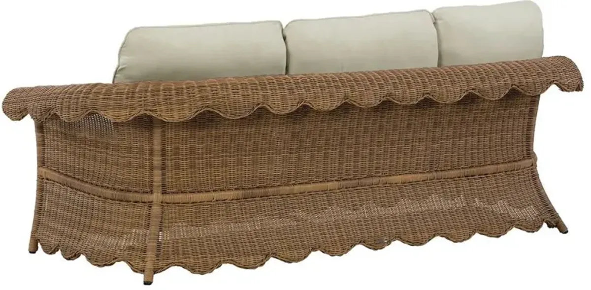 Cielo Coastal Beige Sunbrella Brown Woven Wicker Scalloped Outdoor Sofa - 88"