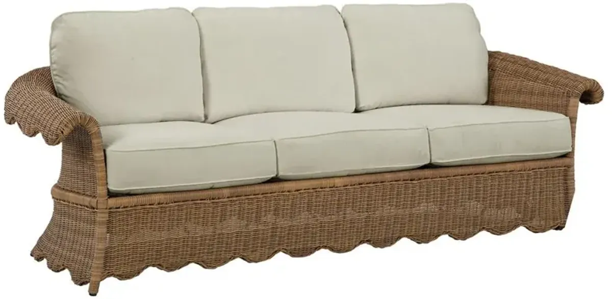 Cielo Coastal Beige Sunbrella Brown Woven Wicker Scalloped Outdoor Sofa - 88"