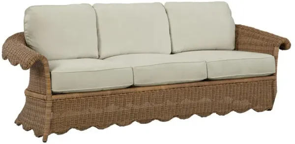 Cielo Coastal Beige Sunbrella Brown Woven Wicker Scalloped Outdoor Sofa - 88"