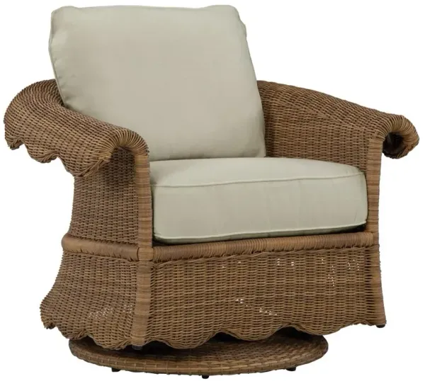Cielo Coastal Beige Sunbrella Brown Wicker Scalloped Outdoor Swivel Glider Chair