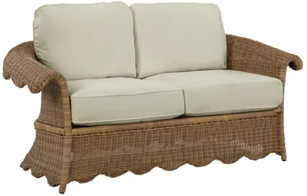Cielo Coastal Beige Sunbrella Brown Wicker Scalloped Outdoor Loveseat - 63"