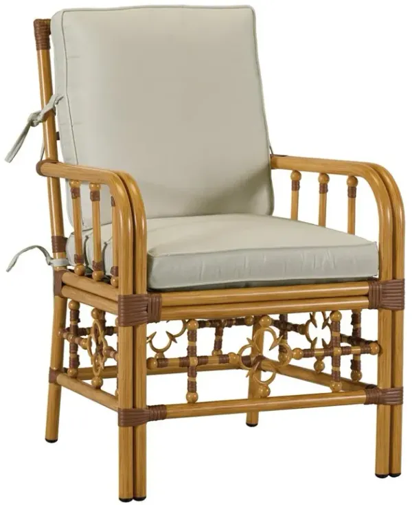 Myrah Coastal Beach Beige Sunbrella Brown Aluminum Outdoor Dining Arm Chair