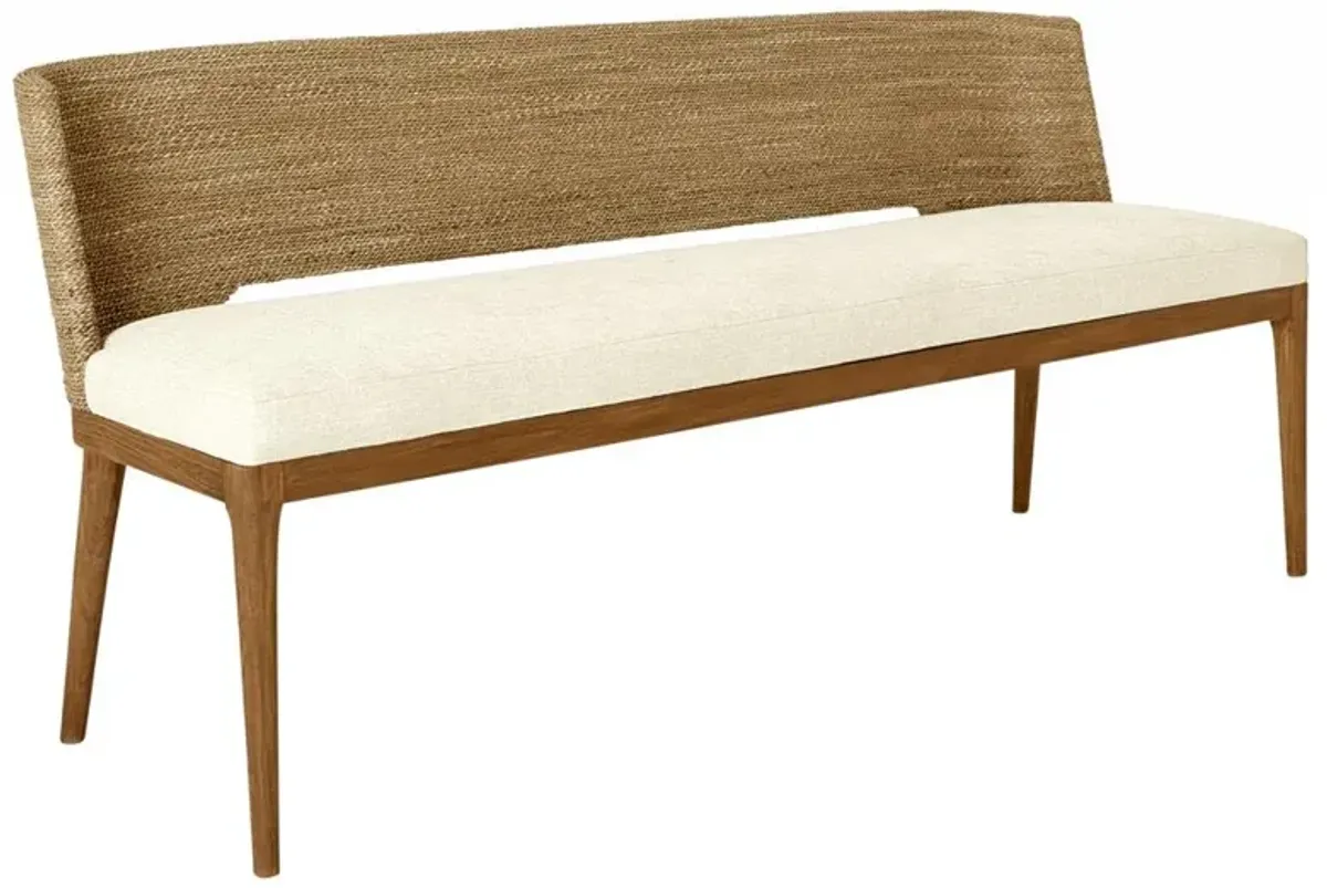 Adelyn Coastal Beach Heathered Ivory Crypton Brown Teak Woven Seagrass Bench
