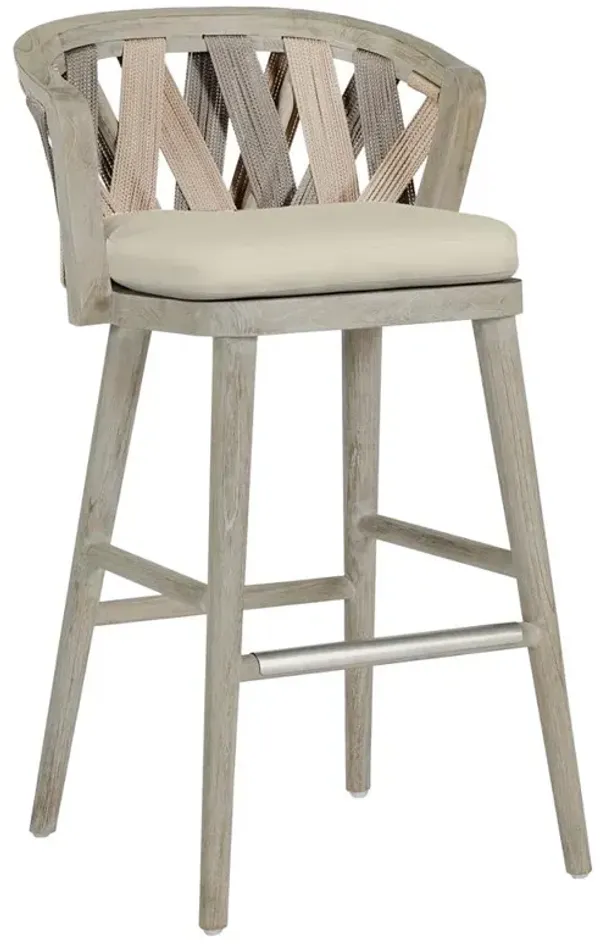 Palecek Boca Coastal Beach Beige Upholstered Grey Teak Outdoor Bar Stool
