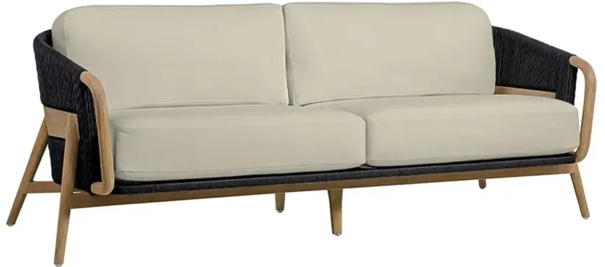 Palecek Casey Mid Century Beige Upholstered Black Rope Natural Teak Outdoor Sofa - 83"