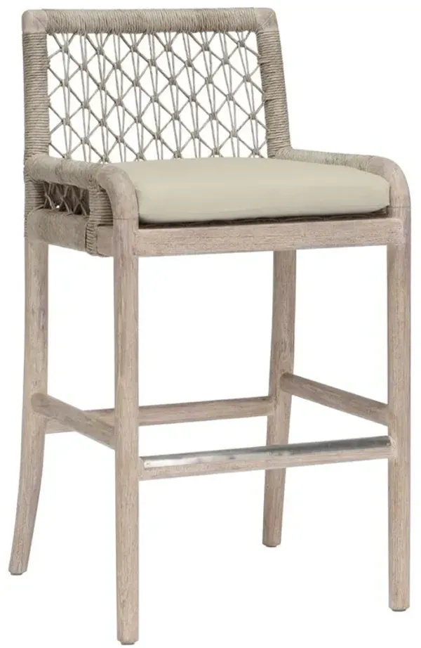 Palecek Montecito Coastal Beige Upholstered Woven Abaca Teak Outdoor Bar Stool