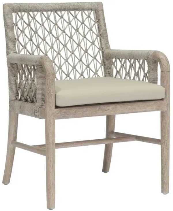 Palecek Montecito Coastal Beige Upholstered Woven Abaca Teak Outdoor Dining Arm Chair