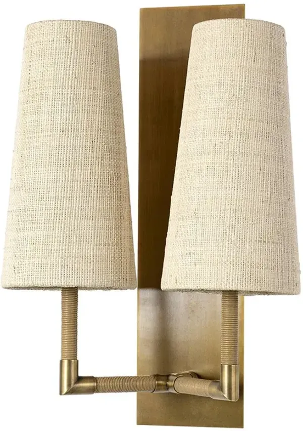 Palecek Irving Coastal Beach Natural Raffia Antique Brass Double Sconce