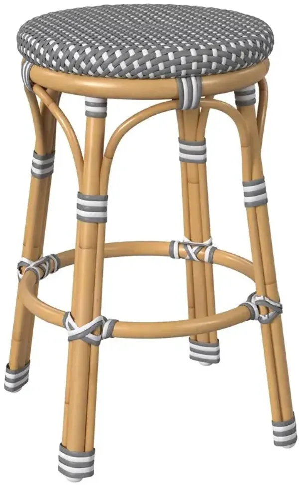 Lily French Country Grey White Woven Rattan Outdoor Backless Counter Stool