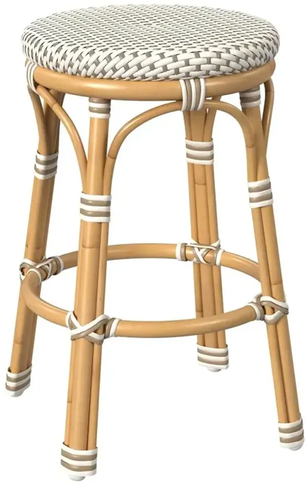 Lily French Country Beige White Woven Rattan Outdoor Backless Counter Stool