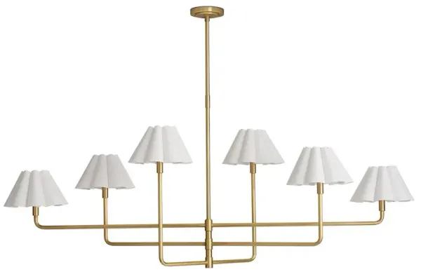 Polly French White Scalloped Linen Shade Natural Brass Chandelier