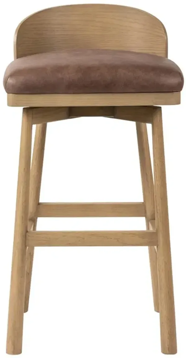 Caius Modern Classic Brown Leather Oak Wood Swivel Bar Stool
