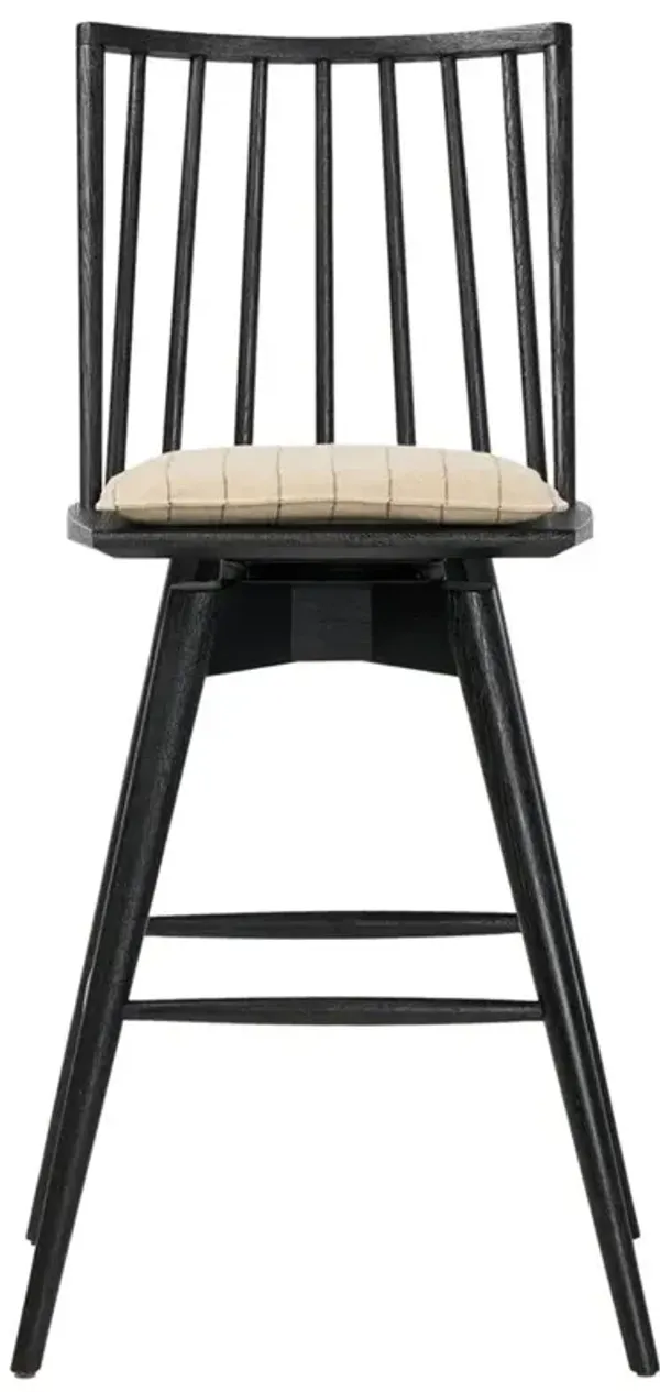 Lara Rustic Lodge Beige Striped Black Oak Swivel Windsor Bar Stool