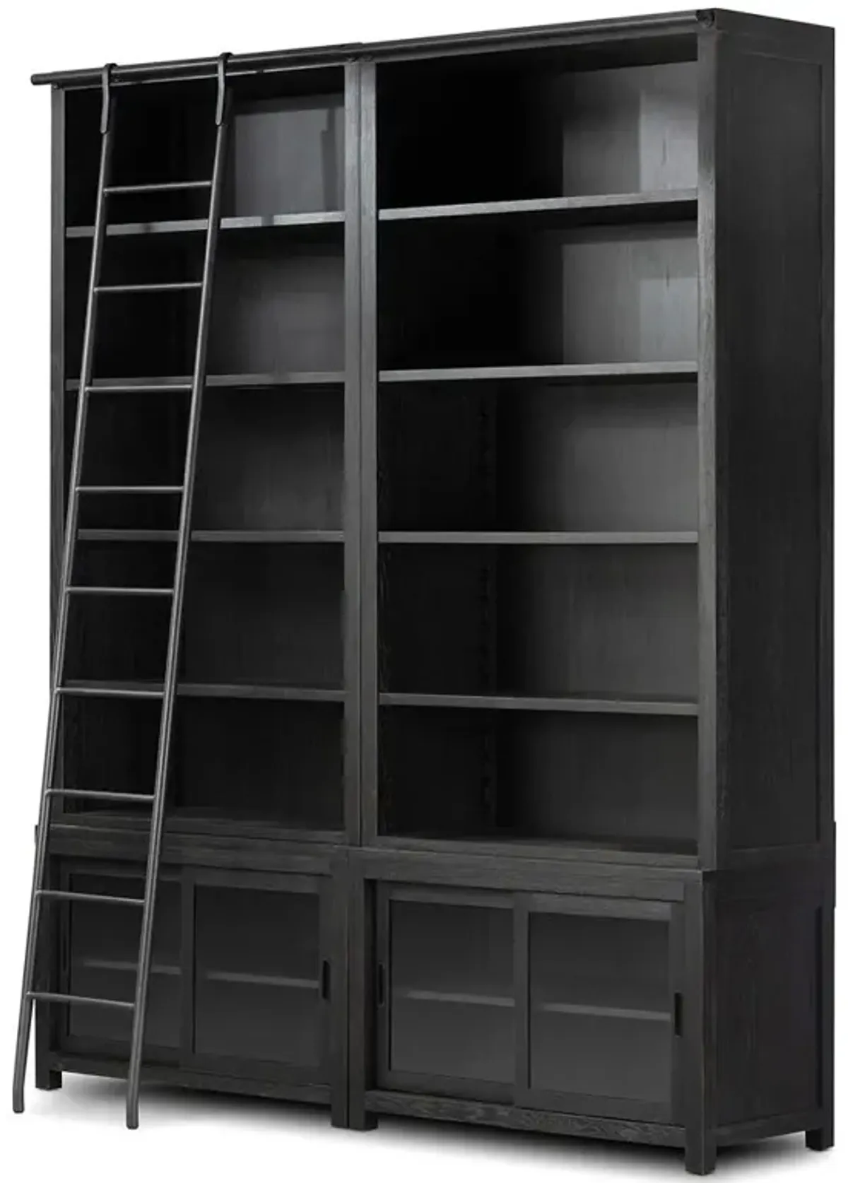 Admund Modern Classic Black Oak Wood Double Bookcase Ladder