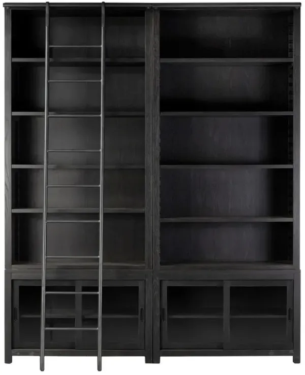 Admund Modern Classic Black Oak Wood Double Bookcase Ladder