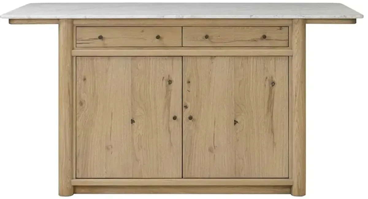 Arlette Coastal Beach White Carrara Marble Brown Oak Kitchen Island - 72"