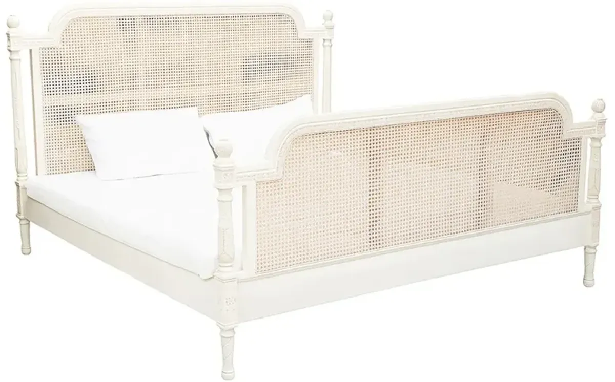 Lily French Country Antique White Cane Wood Bed - King