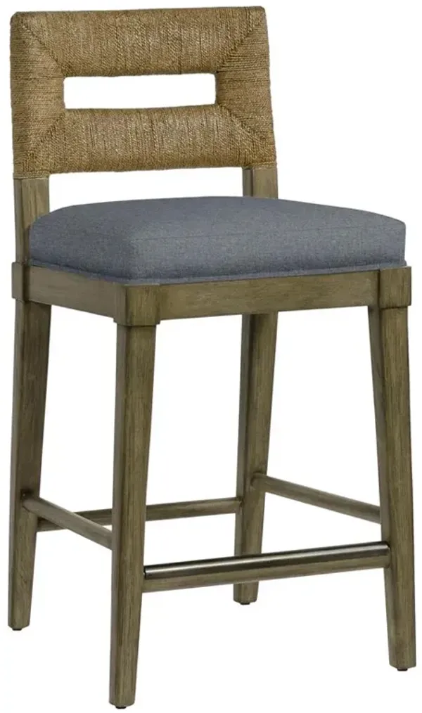 Palecek Logan Coastal Blue Upholstered Brown Wood Woven Jute Counter Stool
