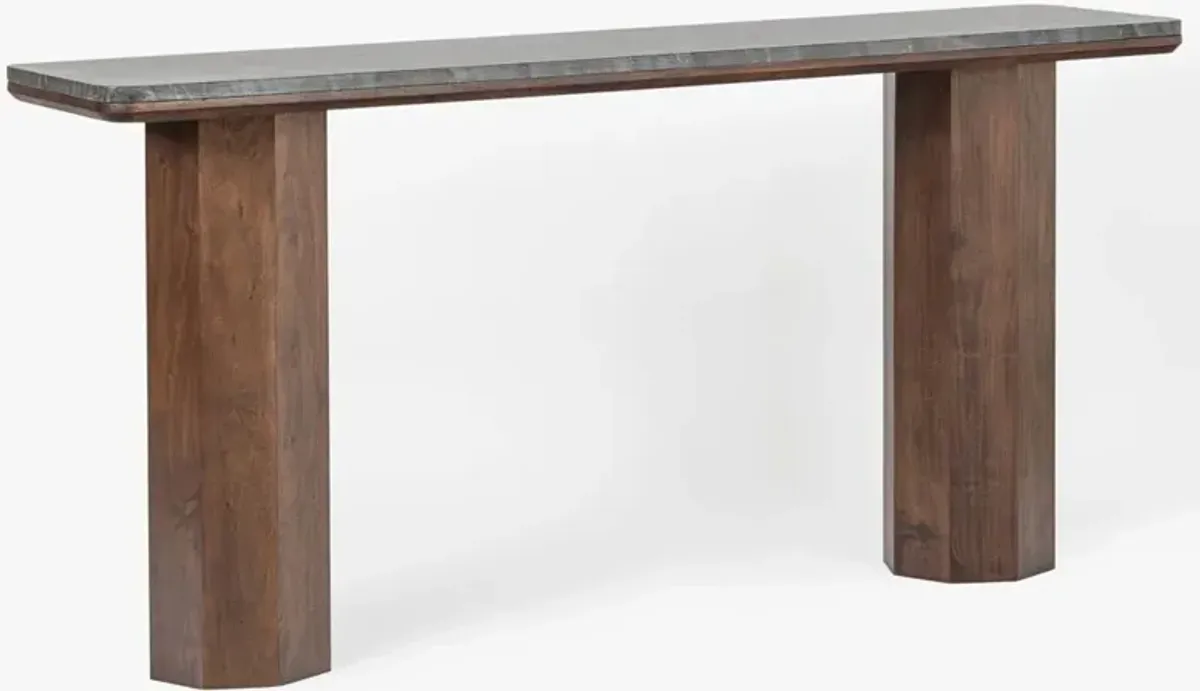 Nyra Rustic Lodge Black Marble Brown Wood Console Table
