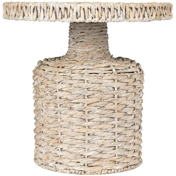 Brooke Coastal Beach Whitewashed Woven Water Hyacinth Round Side Table