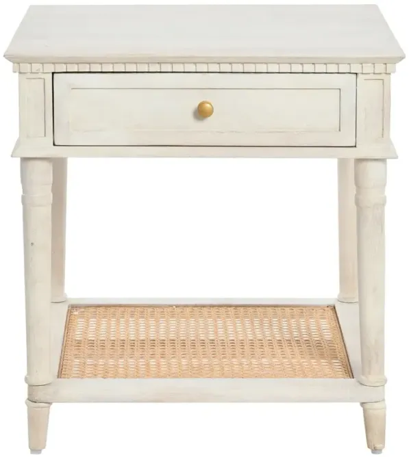 Talia Updated Traditional Distressed White Wood Woven Cane Side Table
