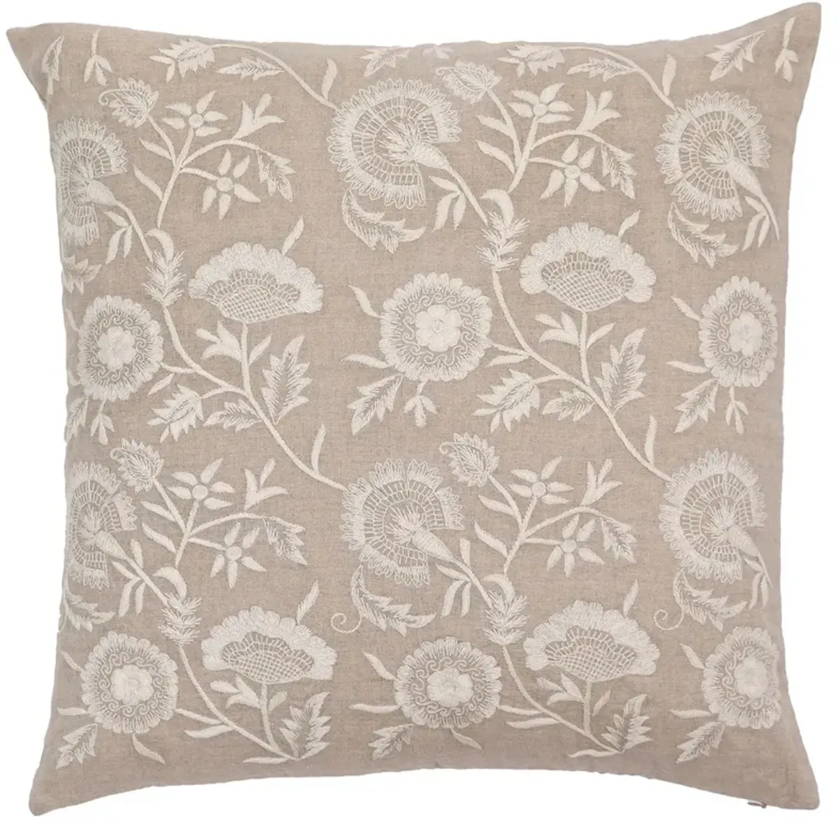 Pearl French Country Beige Linen Floral Embroidered Throw Pillow Cover - 20x20