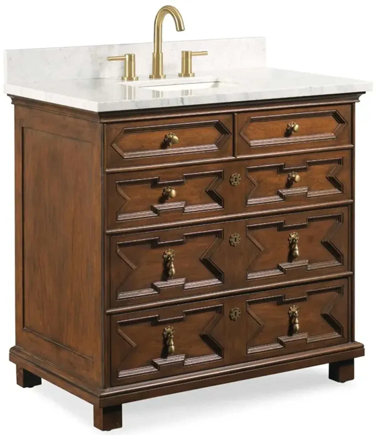 17th Century Updated Traditional White Marble Brown Wood Vanity Sink - 36"