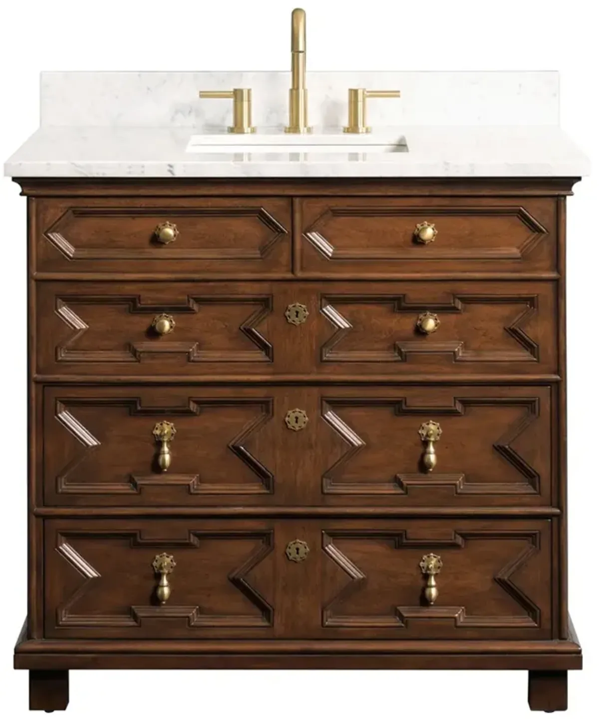 17th Century Updated Traditional White Marble Brown Wood Vanity Sink - 36"