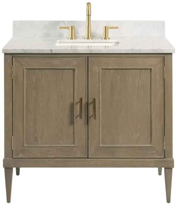 Cerise Updated Traditional White Marble Brown Wood Oak Vanity Sink - 37"
