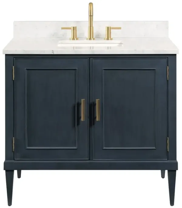 Cerise Updated Traditional White Marble Blue Oak Wood Vanity Sink - 37"