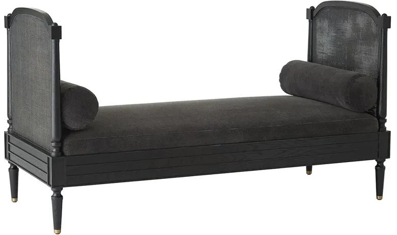 Solene French Country Black Velvet Woven Cane Oak Daybed