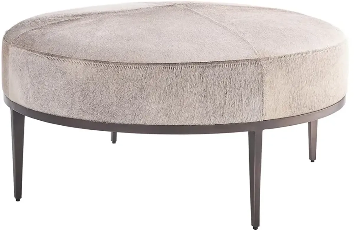 Odette Modern Classic Grey Hair On Hide Iron Round Cocktail Ottoman