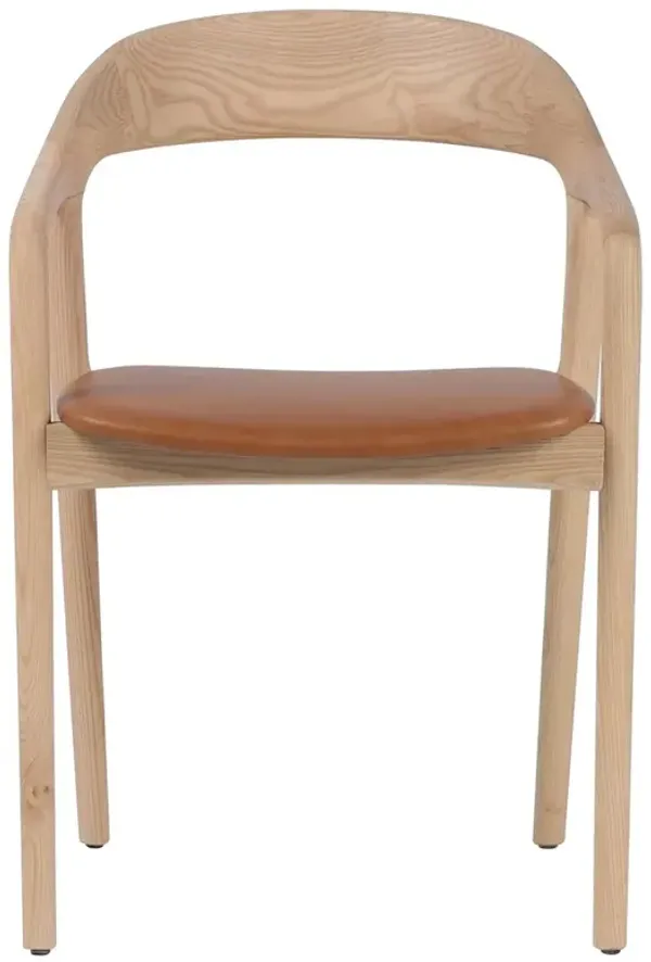 Nanda Rustic Brown Leather Natural Wood Dining Arm Chair