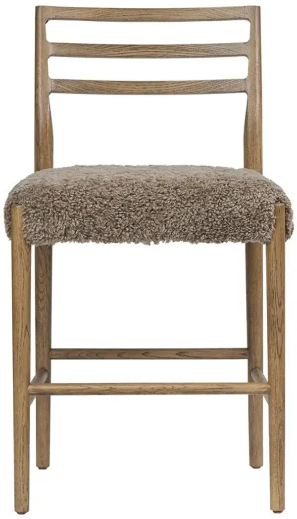 George Mid Century Brown Shearling Oak Ladder Back Counter Stool