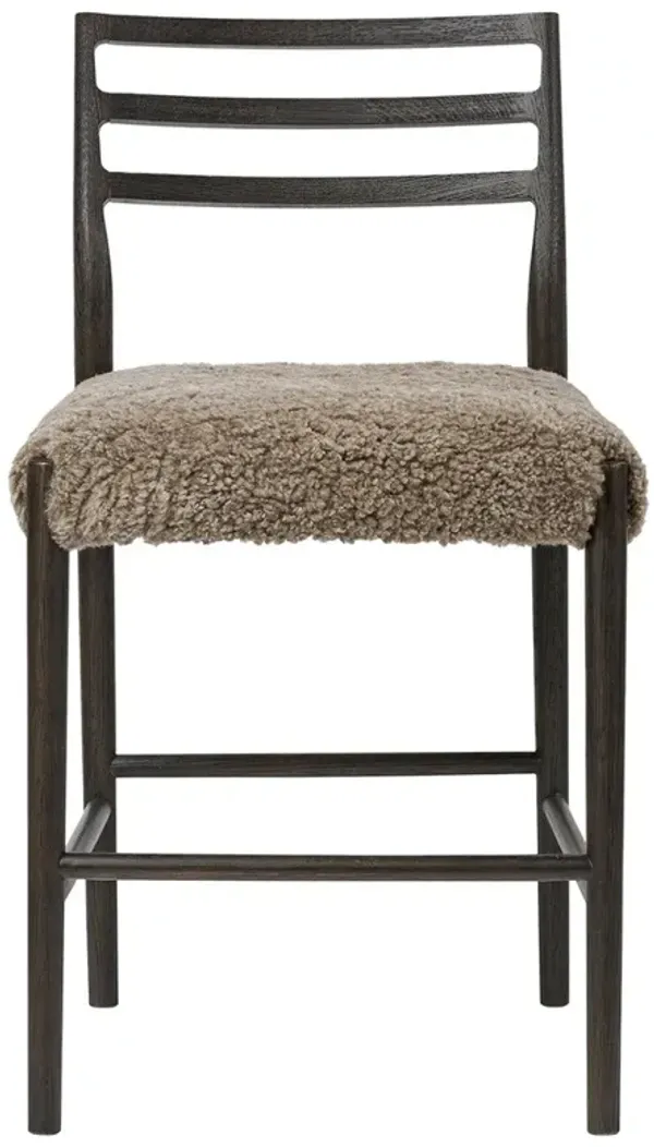 George Mid Century Brown Shearling Dark Oak Ladder Back Counter Stool