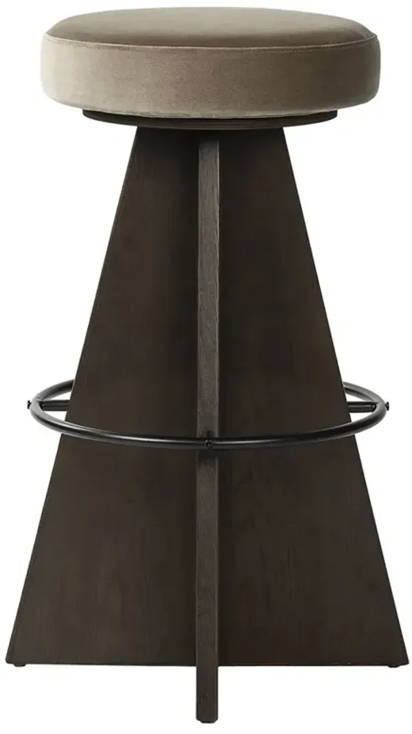 Donovan Mid Century Taupe Velvet Oak Wood Swivel Bar Stool