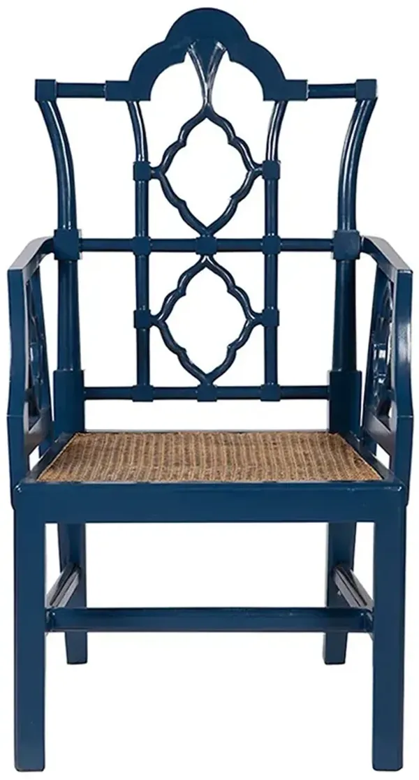 Ivy Updated Traditional Blue Wood Cane Dining Arm Chair