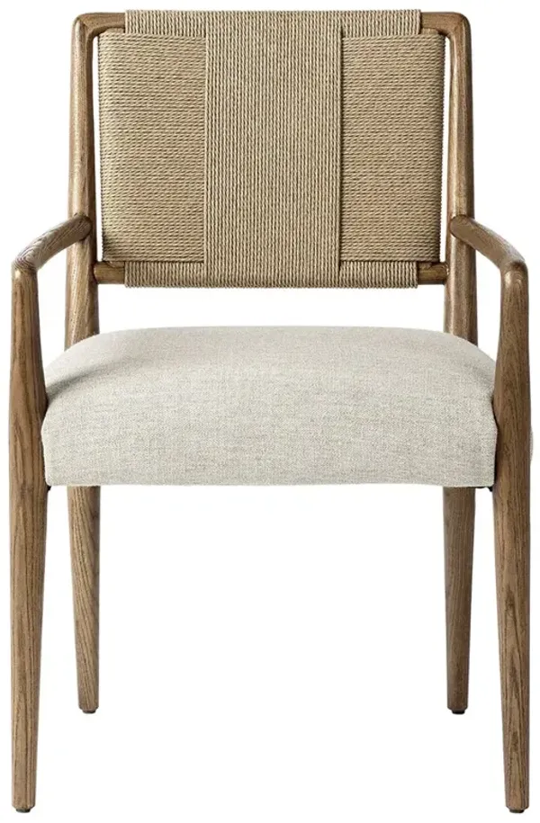 Ronan Coastal Beige Performance Woven Rush Brown Oak Wood Dining Arm Chair