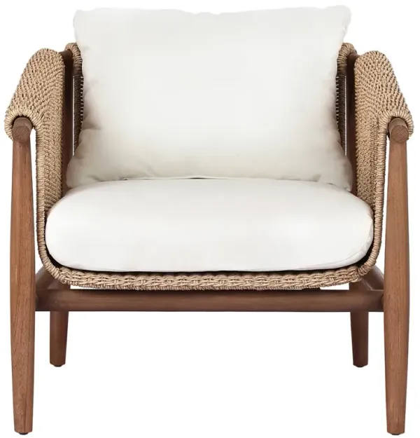 Sophie Coastal Beach White Upholstered Brown Teak Woven Outdoor Lounge Chair