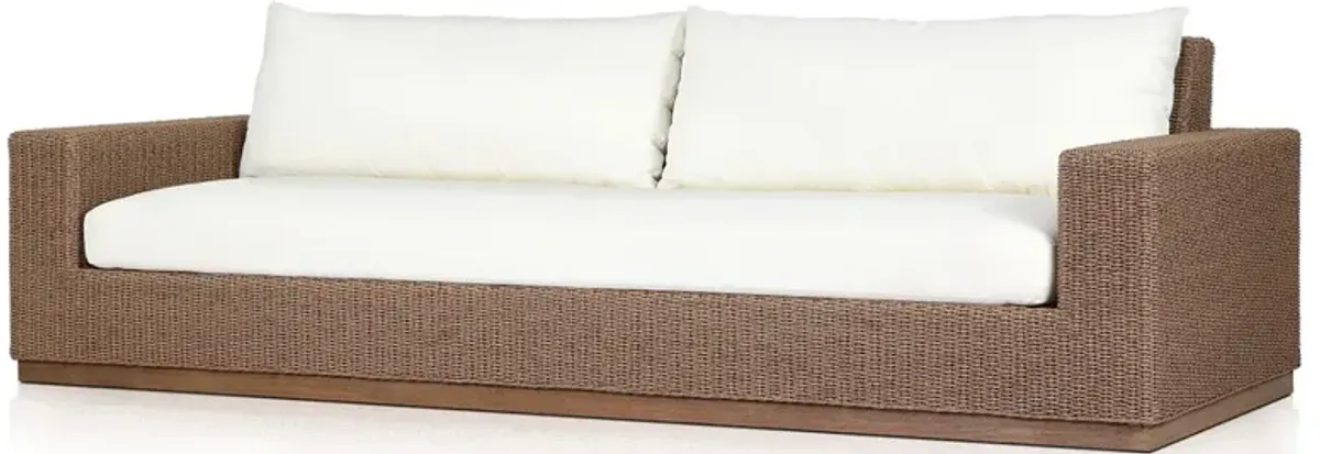 Rocio Coastal Beach White Upholstered Woven Wicker Teak Wood Outdoor Sofa - 104"